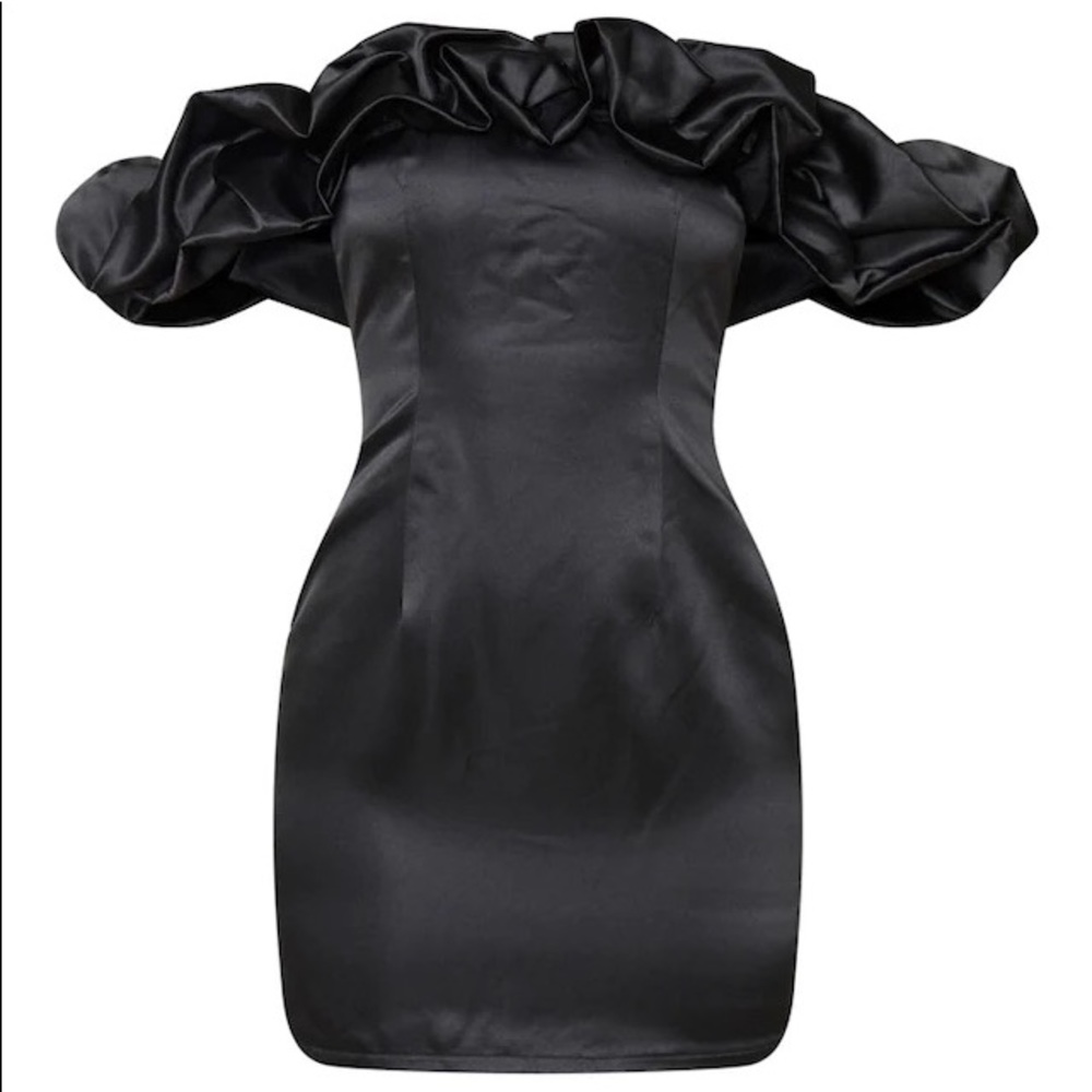 PrettyLittleThing Black Satin Ruffle Bardot Bodycon Dress